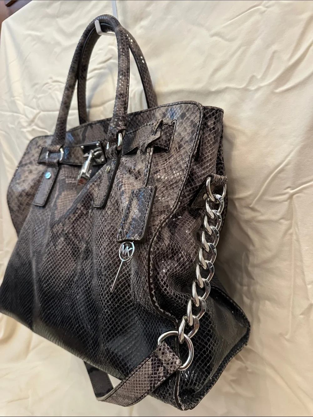 Michael Kors Hamilton Snake-Embossed Tote Bag in Dark Gray/Black RARE!!